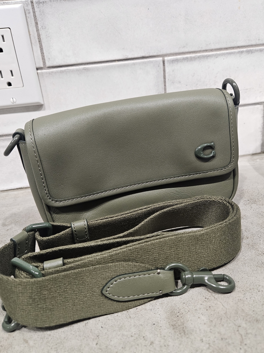 Coach Sage Green Leather Crossbody with Wide Adjustable Strap
